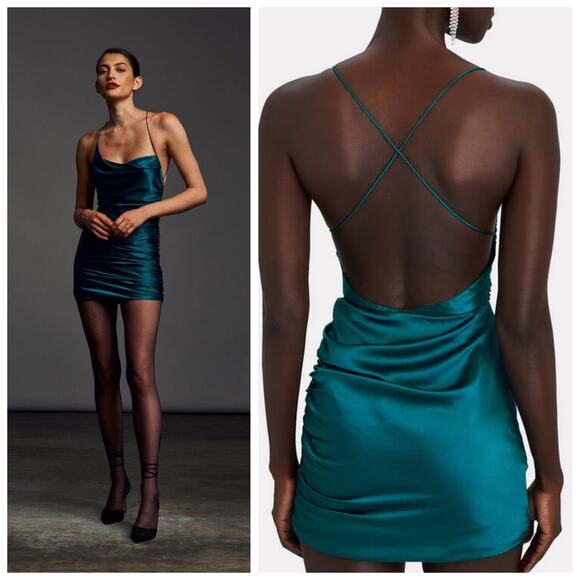 The Sei 100% Silk Teal Cowl Neck Mini Dress Size 0 – Open Back, Strappy - Picture 1 of 10